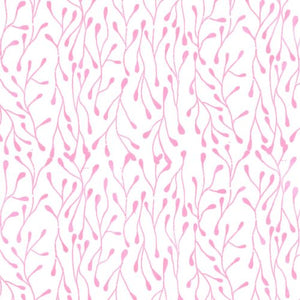 This pretty fabric is from Island Batik. White background covered with pink stems and buds. Would be beautiful with a bright print that highlights this pretty pink color. 