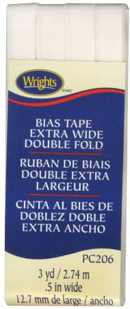 Wrights Extra Wide Double Fold Bias Tape is colorfast and needs no ironing. It's great for binding straight or curved edges, or as a color accent on apparel and home decor projects. Machine washable. 55% polyester and 45% cotton. 1/2 inch wide finished size. 3 yards.