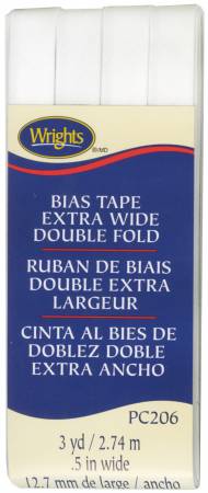 Wrights Extra Wide Double Fold Bias Tape is colorfast and needs no ironing. It's great for binding straight or curved edges, or as a color accent on apparel and home decor projects. Machine washable. 55% polyester and 45% cotton. 1/2 inch wide finished size. 3 yards.