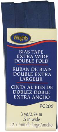 Wrights Extra Wide Double Fold Bias Tape is colorfast and needs no ironing. It's great for binding straight or curved edges, or as a color accent on apparel and home decor projects. Machine washable. 55% polyester and 45% cotton. 1/2 inch wide finished size. 3 yards.