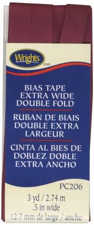Wrights Extra Wide Double Fold Bias Tape is colorfast and needs no ironing. It's great for binding straight or curved edges, or as a color accent on apparel and home decor projects. Machine washable. 55% polyester and 45% cotton. 1/2 inch wide finished size. 3 yards.