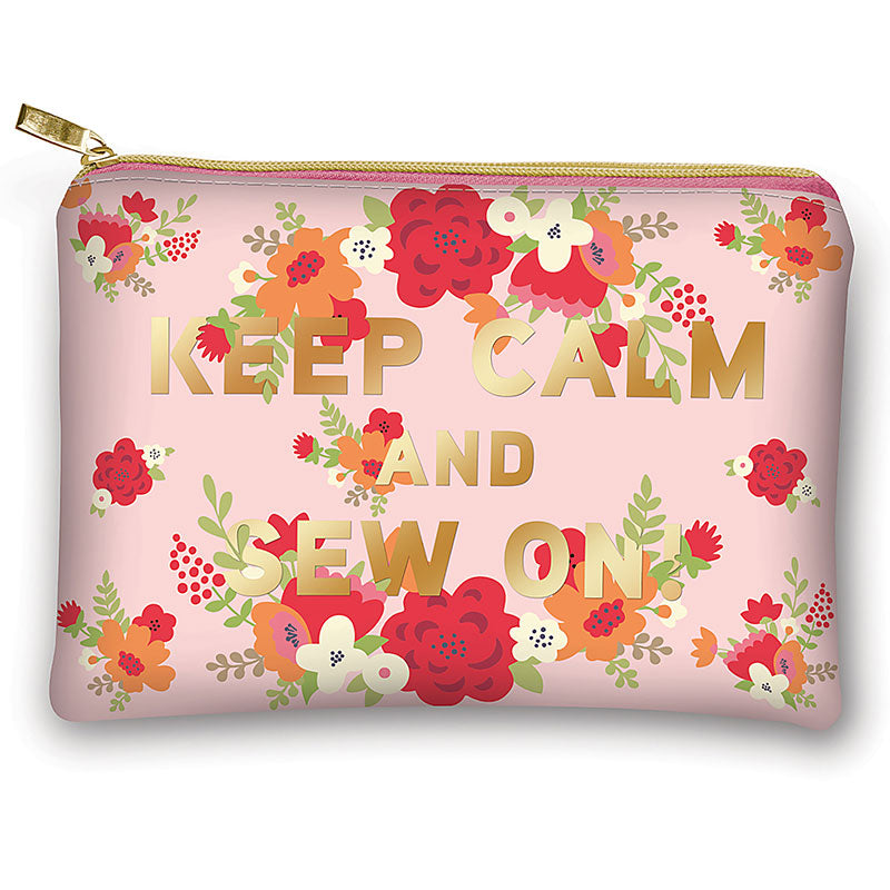 8" x 5.5", vinyl pouch with gold zipper.  "Keep Calm and Sew On" written on both sides surrounded by flowers. 