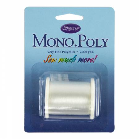 100 wt. monofilament polyester thread. Designed for invisible applique and quilting. This reduced-sheen monofilament polyester is the best choice when it comes to invisible threads. Unlike other monofilament threads made from nylon, MonoPoly is 100% polyester. Commonly referred to as an invisible thread due to its fineness and reduced-sheen, MonoPoly is great for the bobbin or top. Available in two colors, Smoke (for dark fabrics) and Clear (for light fabrics).