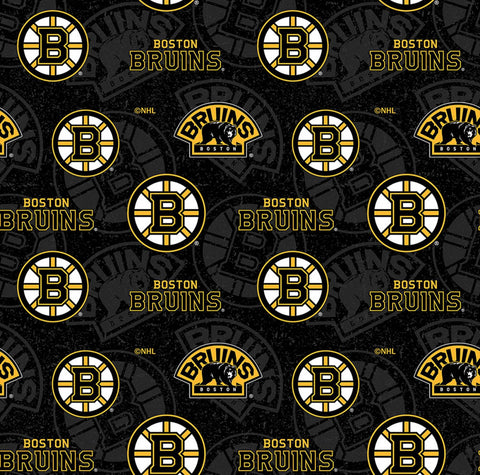 Tone on tone Boston Bruins Logo and wording on a black background.  NHL cotton collection from Sykel Enterprises.  100% Cotton, 43/44"