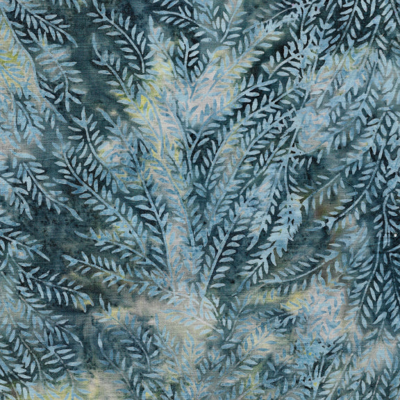 Leaf print in pewter & blue from Island Batik.  100% Cotton, 44/5"
