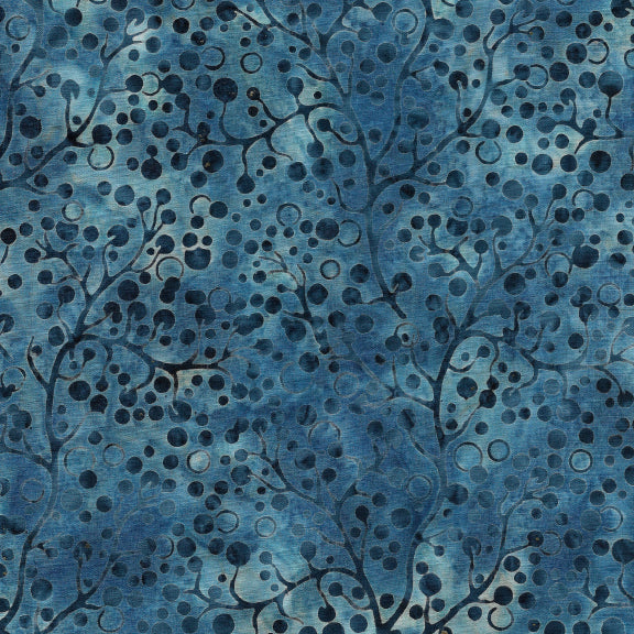 Navy berries on a blue ground from the Faded Blue Jeans collection for Island Batik.  100% Cotton, 44/5"