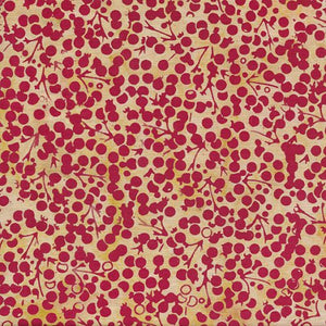 This batik is a beautiful golden color with red berries tossed all over. It would be a great Christmas fabric! Perfect for quilting, clothing and crafting.