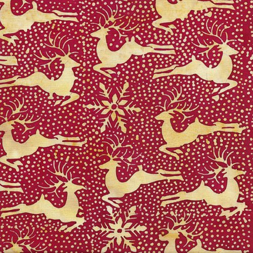 This batik is a beautiful red color with golden reindeer and snowflakes tossed all over. It is a great Christmas fabric! Perfect for quilting, clothing and crafting.