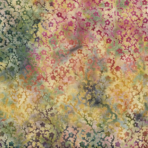 This batik has so many different colors in it! A muted rainbow tie dye effect on the background with tiny flowers on top. Perfect for quilting, clothing and crafting.