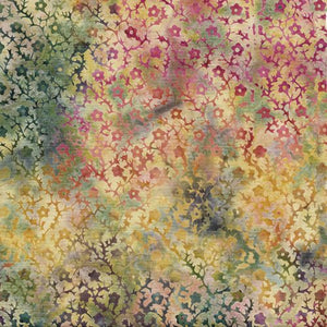 This batik has so many different colors in it! A muted rainbow tie dye effect on the background with tiny flowers on top. Perfect for quilting, clothing and crafting.