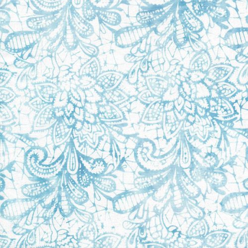 This bright batik is white with blue floral paisley design on top. This fabric pairs well with the other light blue batiks we carry! Great for quilting, clothing and crafting.