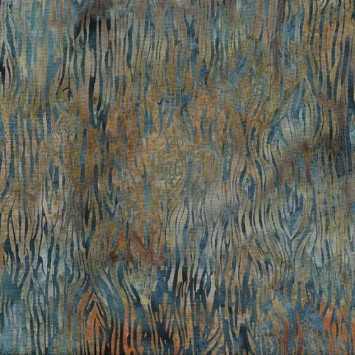 This graphic batik has such movement to it. A beautiful smokey blue with muted brown. Streaky wood grain design makes this one stand out. Great for quilting, clothing and crafting.