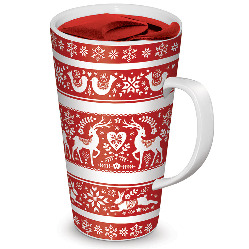 Travel mug with plastic lid - Nordic Holiday Themed  13 ounce porcelain travel mug.