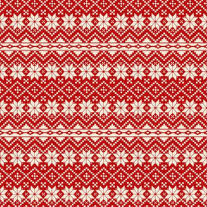 Stripes of cream snowflake and geometric motifs on a red background.  Nordic Noel by Jim Shore Collection for Benartex 100% Cotton, 43/44in