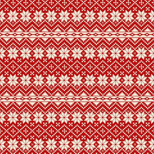Stripes of cream snowflake and geometric motifs on a red background.  Nordic Noel by Jim Shore Collection for Benartex 100% Cotton, 43/44in