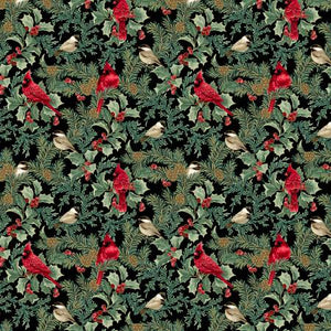 Cardinals on a black background with greens and metallic highlights.  Winter Elegance by Jackie Robinson Collection for Benartex 100% Cotton, 43/44in