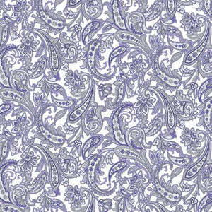 Pat Sloan for Benartex - this purple bandana paisley fabric consists of bright purples, greys and black over a bright white background. 