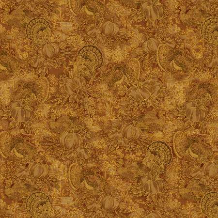 From KANVAS by Benartex for Harvest Festival Collection. This fabric is a golden brown and has different thanksgiving/fall inspired designs all over. The designs are all outlined in gold to make it even more eyecatching.