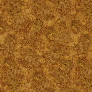 From KANVAS by Benartex for Harvest Festival Collection. This fabric is a golden brown and has different thanksgiving/fall inspired designs all over. The designs are all outlined in gold to make it even more eyecatching.