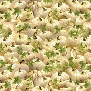 From KANVAS by Benartex for Harvest Festival Collection. This fabric is covered in cream-colored pumpkins outlined in gold with green leaves twisted throughout. This is a beautiful fabric for autumn! 