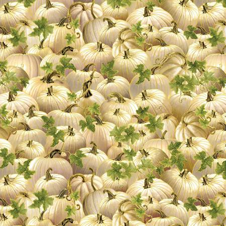 From KANVAS by Benartex for Harvest Festival Collection. This fabric is covered in cream-colored pumpkins outlined in gold with green leaves twisted throughout. This is a beautiful fabric for autumn! 