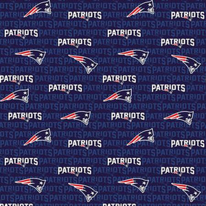 100% Cotton print, 60 " wide.  Patriots logo on a navy ground with white and royal blue Patriots printed all over.