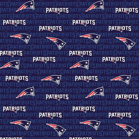 100% Cotton print, 60 " wide.  Patriots logo on a navy ground with white and royal blue Patriots printed all over.
