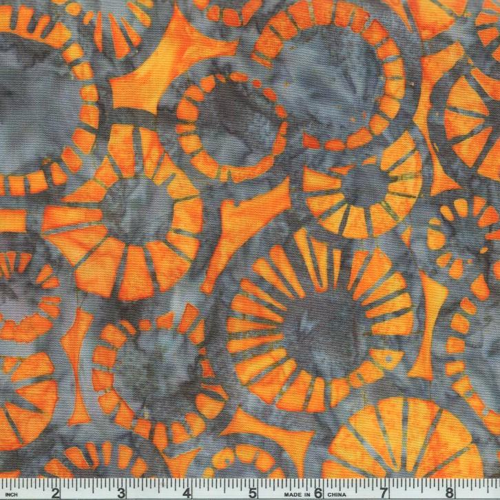 Artisan Bali Batik by Robert Kaufman designed by Lunn Studio.  Grey wheels with spokes on orange background.   100% Cotton, 44/5"Artisan Bali Batik by Robert Kaufman designed by Lunn Studio.  Grey wheels with spokes on orange background.   100% Cotton, 44/5"