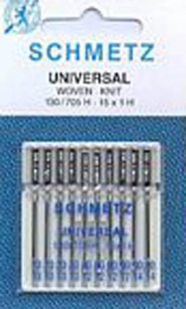 5 Pack - 90/14 ballpoint needle for all woven and knitted fabrics. Designed to prevent shredding and breakage when sewing with metallic and other machine embroidery threads.Each package of SCHMETZ needles has European and U.S. size equivalents written at the very bottom of the front of the plastic case. Typically they range from 60/8 (the finest) to 120/19 (the largest).