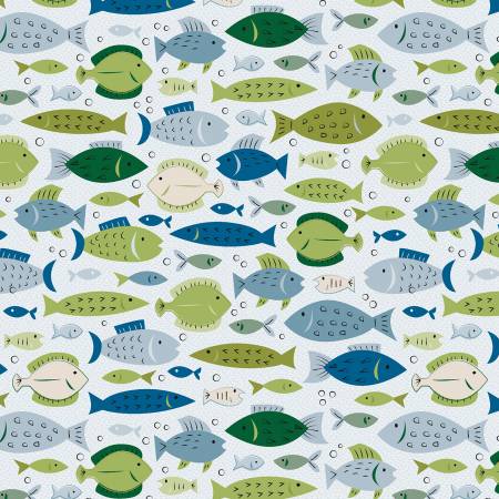 This fabric is from Henry Glass, designed by Emily Dumas for the "loving camp life" collection. Featuring green and blue colorful fish on a light blue background. All different shapes and sizes of fish make this print so much fun!  15yds, 100% Cotton, 44/45in
