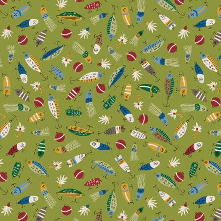 This fabric is from Henry Glass, designed by Emily Dumas for the "loving camp life" collection. Featuring all different colorful kinds of fishing lures on a lime green background. This would make such a great fishing hat or any other kind of project! 