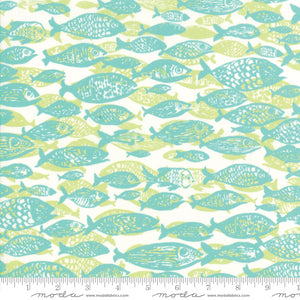 Schools of fish in green and aqua on a white ground.  Crystal Manning for Moda Fabrics.  100% Cotton, 44/5"
