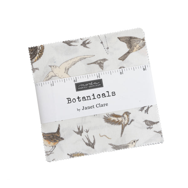 Botanicals Charm Pack by Janet Clare from Moda Fabrics - Each pack has 42 (5 x 5 inch) Pieces.   This charm pack includes squares of birds, trees and textures. Neutrals that compliment natural scenery 