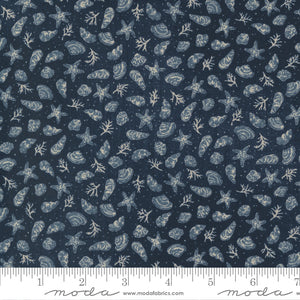 Navy nautical blender - featuring oyster shells, starfish, coral, seaweed and other shells! Beautiful navy and ashy blue. This fabric has a rich texture to it, and is heavier than a traditional quilting cotton. Makes it perfect for pillows, clothing, crafting and quilting!! 100% Cotton, 44/5"
