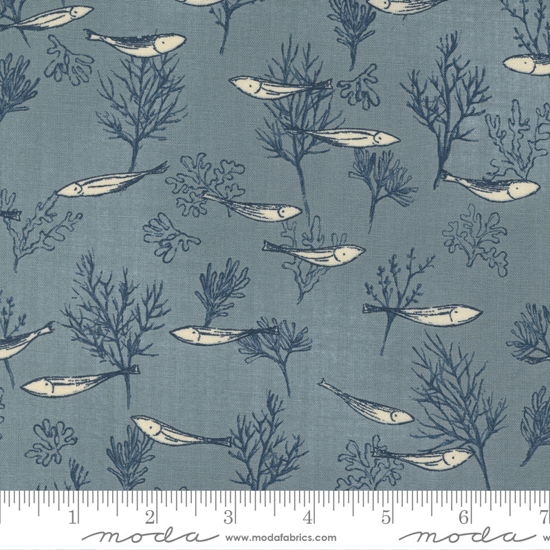 Ashy grey blue background with navy coral and fish! This is a fun fabric that would make gorgeous home decor! This fabric has a rich texture to it and is heavier than a traditional quilting cotton. Makes it perfect for pillows, clothing, crafting and quilting! Designed by Janet Clare for Moda - 100% Cotton, 44/5"