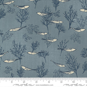 Ashy grey blue background with navy coral and fish! This is a fun fabric that would make gorgeous home decor! This fabric has a rich texture to it and is heavier than a traditional quilting cotton. Makes it perfect for pillows, clothing, crafting and quilting! Designed by Janet Clare for Moda - 100% Cotton, 44/5"