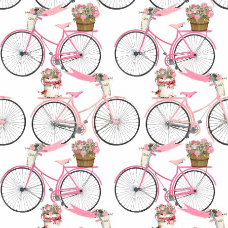 This fabric is covered in pink bikes with pretty flowers on the front and back of the bike. Little birds are scattered throughout. Pretty and bright, this fabric is 100% cotton, 44/45 in. 