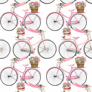 This fabric is covered in pink bikes with pretty flowers on the front and back of the bike. Little birds are scattered throughout. Pretty and bright, this fabric is 100% cotton, 44/45 in. 