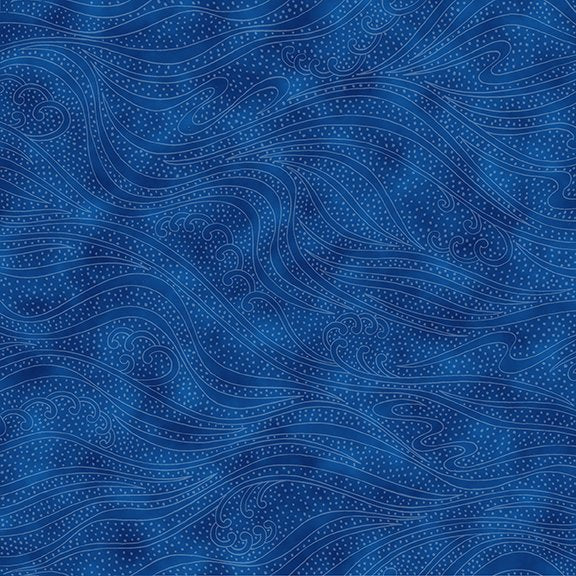 This fabric is a deep royal blue color. It has white lines and dots on top that give the illusion of movement and waves. This is a great alternative to a solid blender or would even be a great quilt backing! 100% cotton 44"/45"