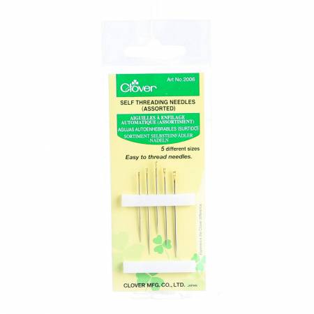 Simply place the thread at the top of notch of the needle and then by pulling it down; the thread will go through the eye of the needle. 5 needles per package.  For Shear/Light Weight Fabrics: - Short (0.64mm x 34.9mm) 1pc - Long (0.64mm x 42.5mm) 1pc  For Coarse/Heavy Weight Fabrics: - Short (0.71mm x 36.5mm) 1pc - Medium (0.76mm x 38mm) 1pc - Long (0.89mm x 42.5mm) 1pc  Made of: Metal Use: Hand Needles Size: Assorted Included: 5 needles