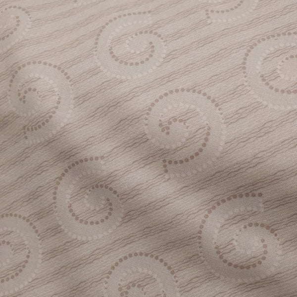  This beautiful cotton fabric is made in Japan. Super soft hand and lightweight feel, this fabric has beige swirls outlined with white and tan dots on top of a beige background. This tan color has a little bit of a green tint to it. Beautiful fabric for clothing or quilting.