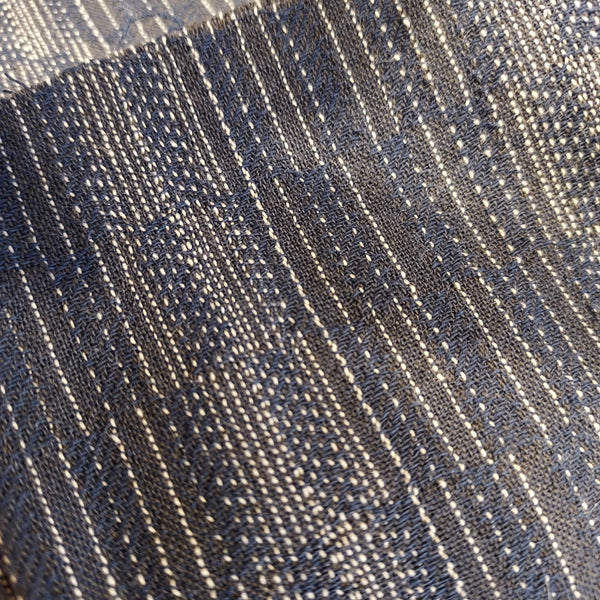 This beautiful woven fabric is made in Japan. Featuring a textured weave this fabric would make beautiful garments. This fabric has white woven through it as well as navy. Could work as top or bottom weight fabric.