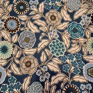 This vibrant fabric is 100% cotton. Hand has texture but is still very soft. Bright blues and green with hints of brown. Covered in large flowers, this fabric would make a beautiful bag, pillow, jacket or even pants! There is so much you can do with it!
