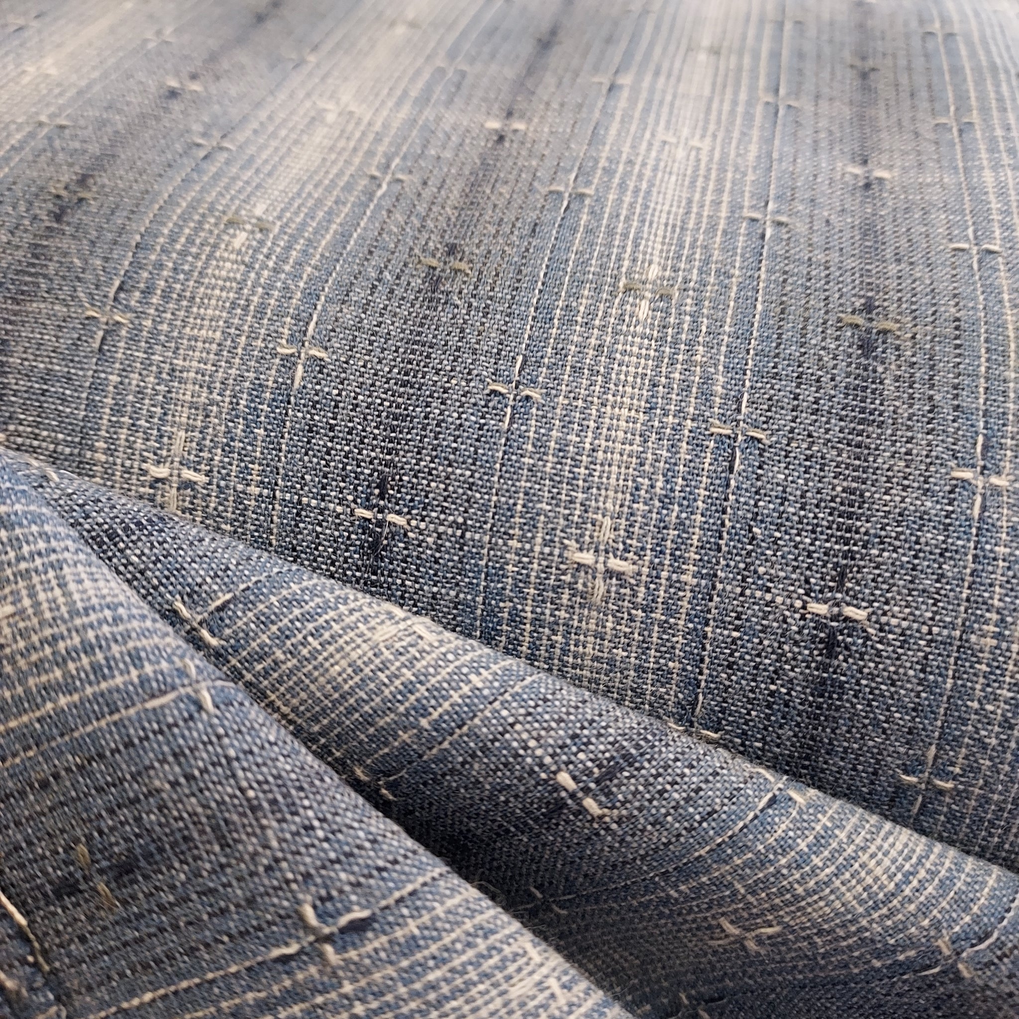 This beautiful woven fabric is made in Japan. Featuring a textured weave, this plaid is blue with navy blue and beige lines throughout. Suitable top or bottom weight. 100% Cotton, 44" wide.