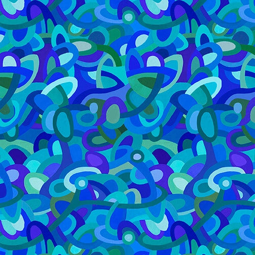 This fabric is a very vibrant bright abstract pattern. All shades of blues and greens come together to create this cool print. This would look great as a bag lining, or quilt backing!