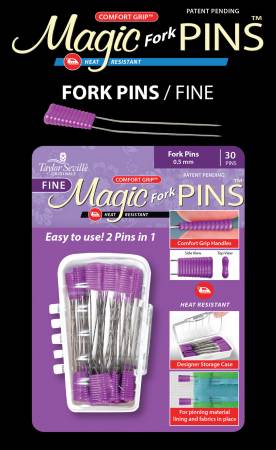 Comfort Grip, Heat Resistant, 30pc. Taylor Seville Originals Notions make your sewing life easier. The Comfort Grip Magic Pins Fork pins are fine .5mm. They have a comfort grip head that makes picking up and maintaining a grip on the pin, easy. The Comfort Grip Magic Pins are also heat resistant, so if you iron over them, they will not be ruined. The pins come in a designer storage case that closes, so you won’t lose any pins!