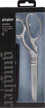 Gingher's top-selling scissors with a reputation among dedicated sewers and quilters of being the best tool investment they can make. 8in Shears with bent handle. Knife edge blade grind effortlessly cuts through multiple layers of fabric from joint to tip every time. Durable double-plated chrome over nickel. 