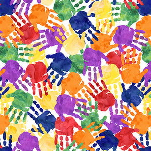 This fabric is for Pride! - white fabric covered in colorful handprints. Painted small handprints in purple, blue, yellow, red, green and orange. Get creative with this vibrant print. 