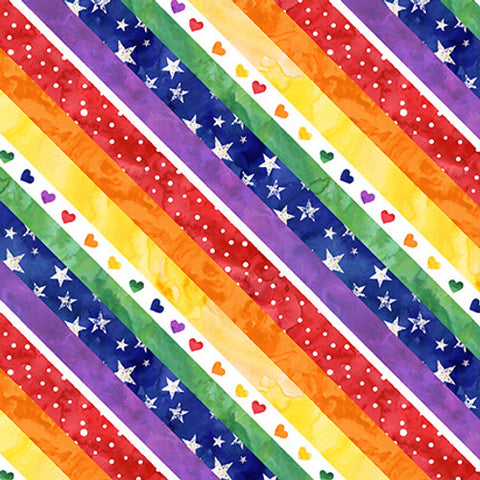 This fabric is for Pride! - white fabric covered in diagonal rainbow stripes with little stars and hearts. This would be an awesome quilt binding!