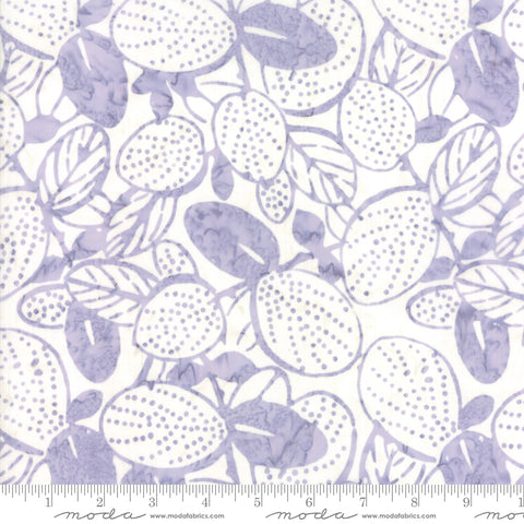 Soft lavender batik leaf pattern on a white background.  100% Cotton, 44/5"